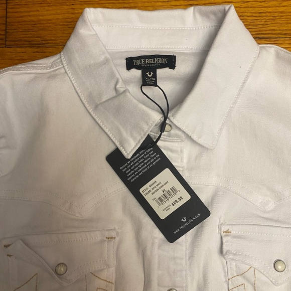 True Religion Western White Shirt Jacket W/Pearl Snaps Denim Stretch Size XL - Picture 4 of 9